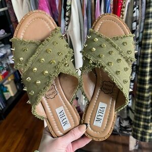 Myra Bag Olive Green Studded Sandals Leather Upper